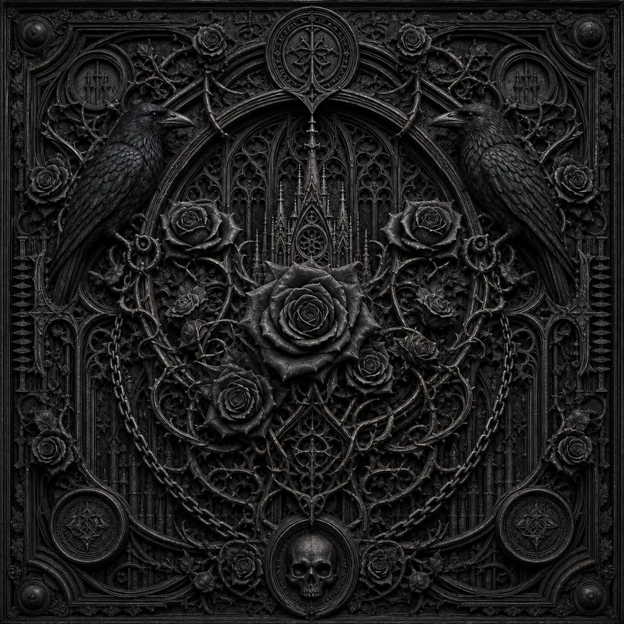 Gothic Relief Noir with carved ravens, roses, chains and cathedral tracery