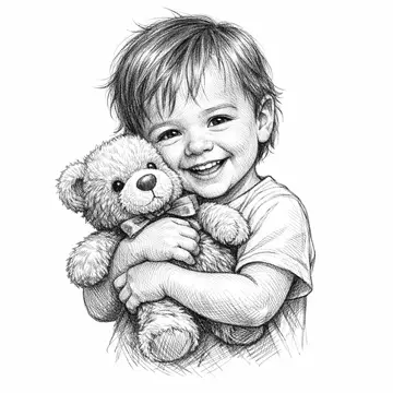 Child hugging teddy bear, Pencil-Sketch style, CO2 laser engraving file, — free download