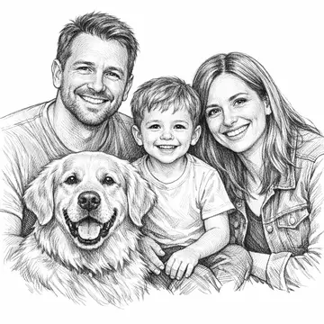 Family portrait with dog, Pencil-Sketch style, CO2 laser engraving file, — free download